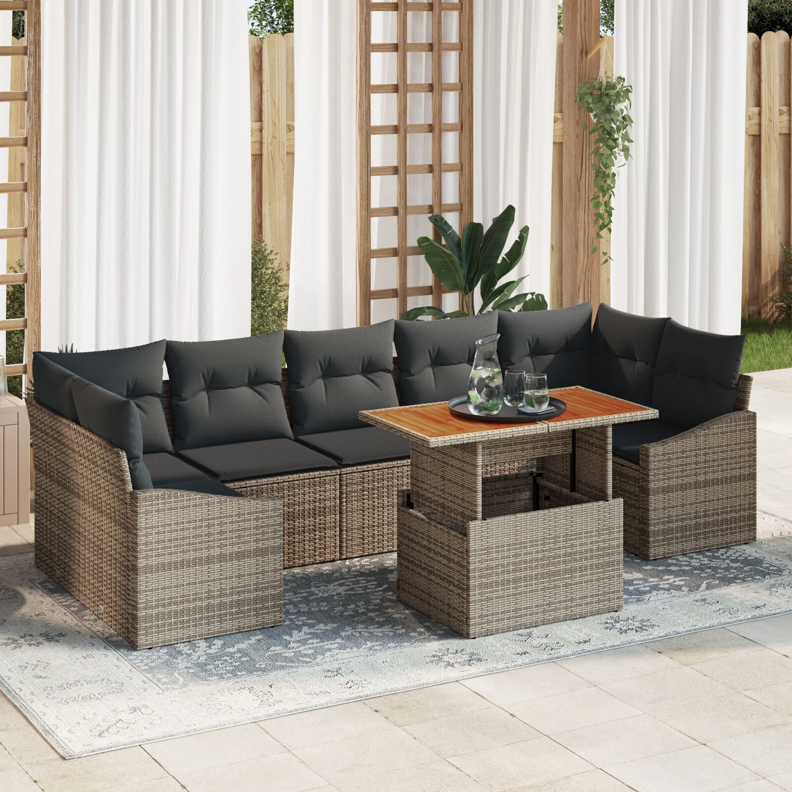 8-Delige Tuindining Set Met Kussens Grijs Poly Rattan Acacia