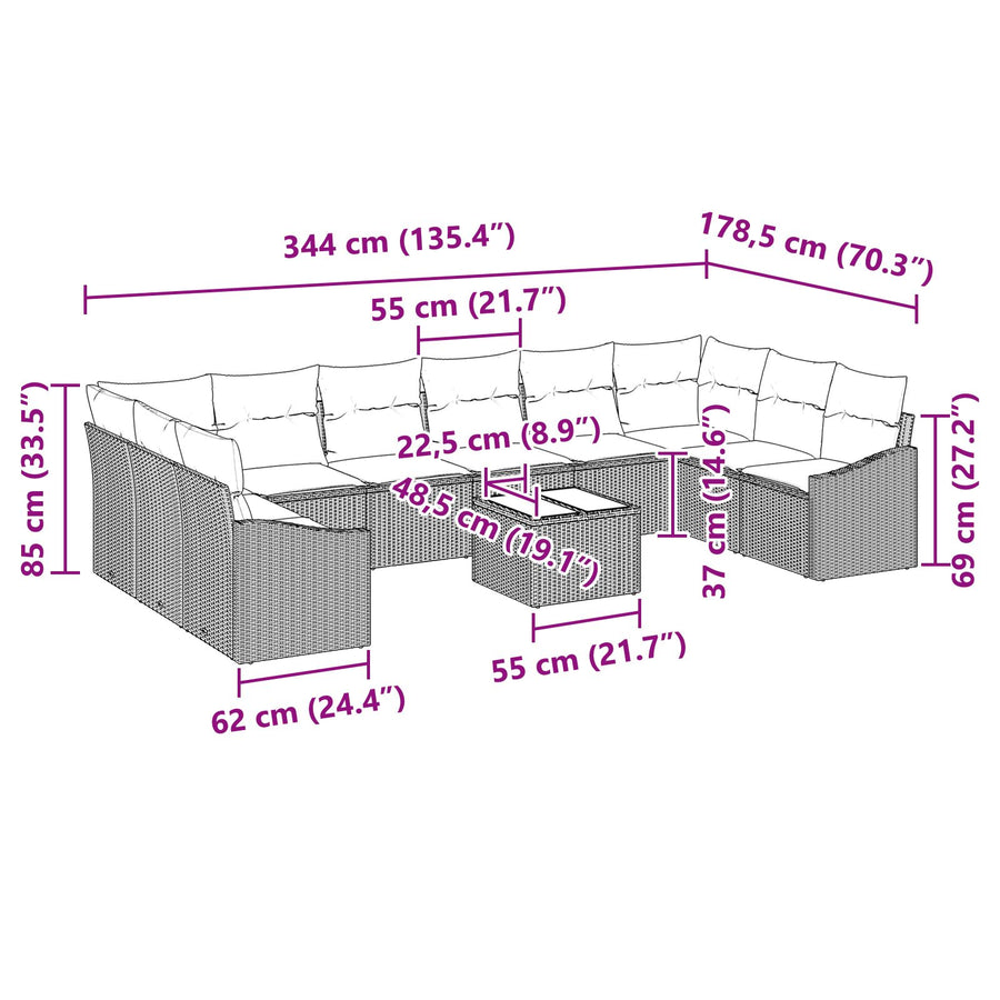 11-Delige Tuin Sofa Set Met Kussens Beige Poly Rattan Zwart met tafel