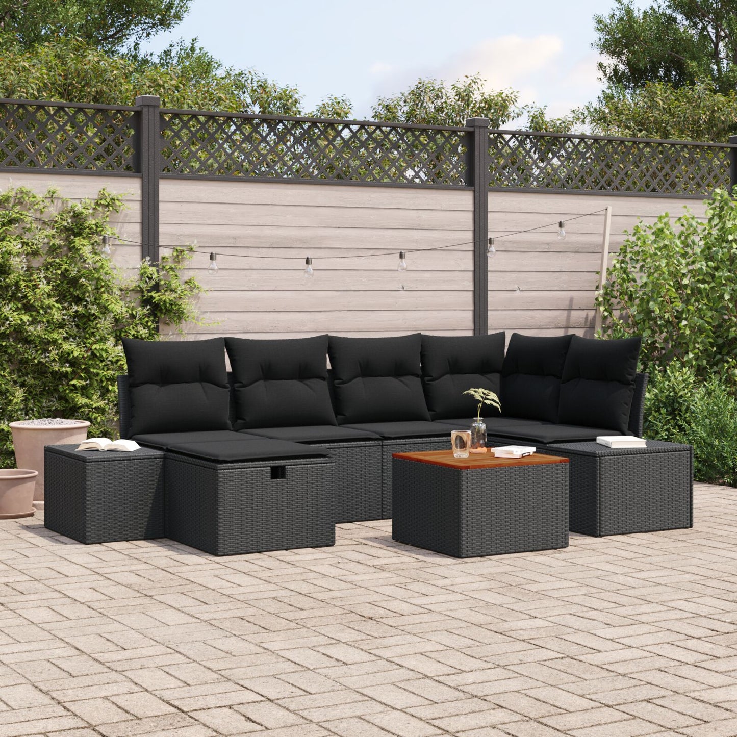 Tuinbankset 7-Delig Zwart Poly Rattan Buitenmeubilair Wit