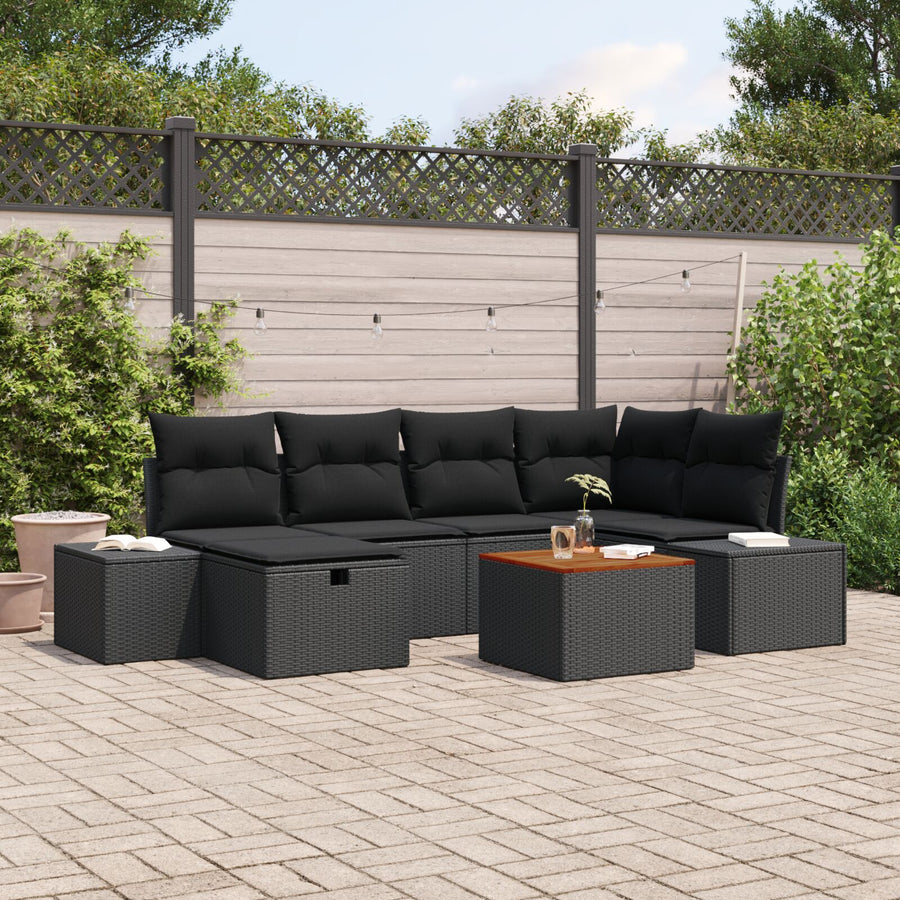 Tuinbankset 7-Delig Zwart Poly Rattan Buitenmeubilair Wit