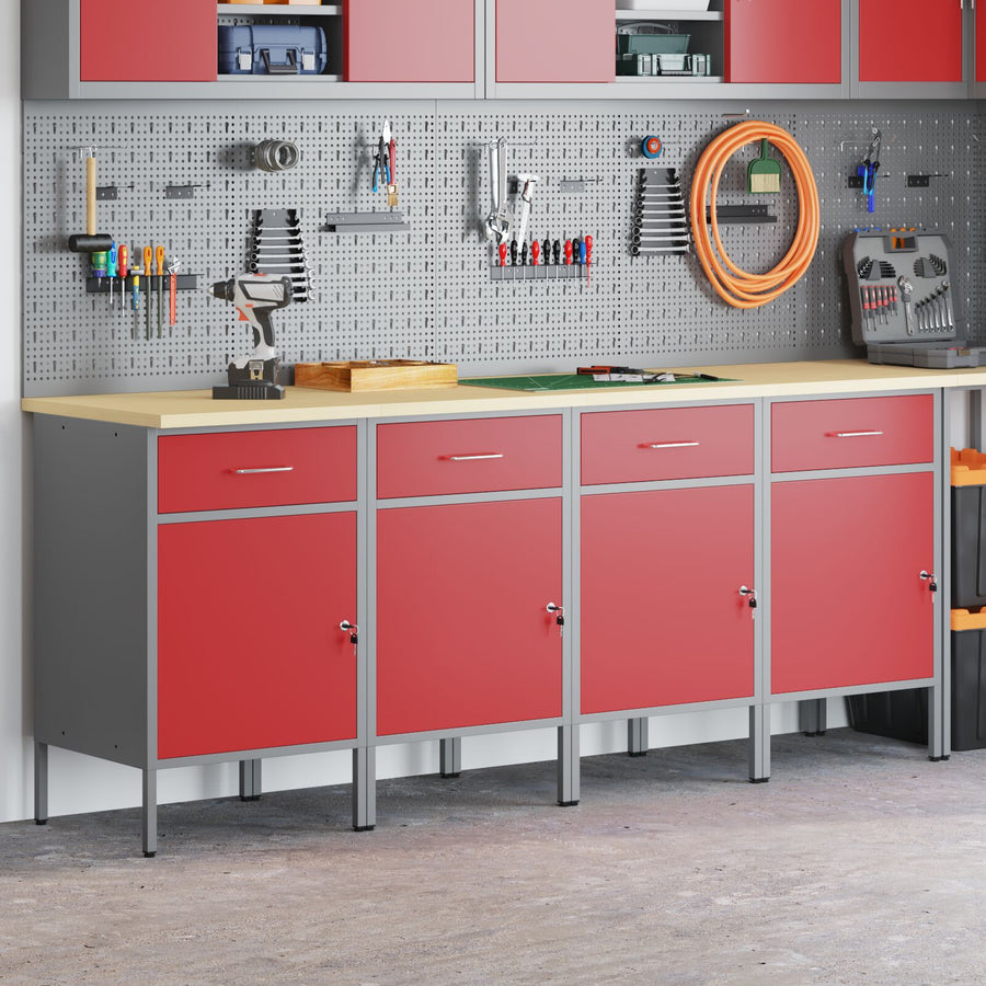 Werkcabinet 4-Delige Set En Grijs Geëngineerd Hout En Staal 4x (84 cm) Rood 4x kast