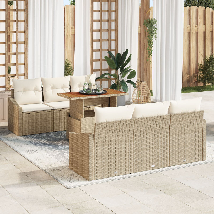 7-Delig Tuin Eetset Met Kussens Beige Poly Rattan Acacia