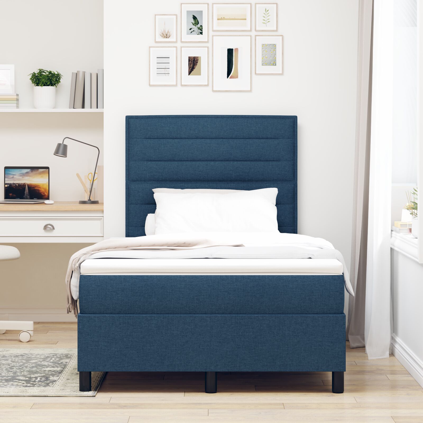 Boxspring Bed Met Matras Stof Blauw 120 x 200 cm Lijnen ontwerp