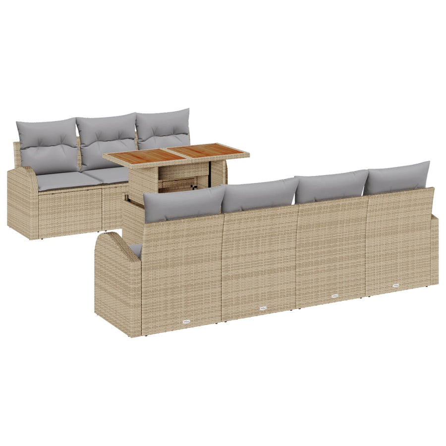 8-Delige Tuin Eetset Met Kussens Beige Poly Riet Acacia