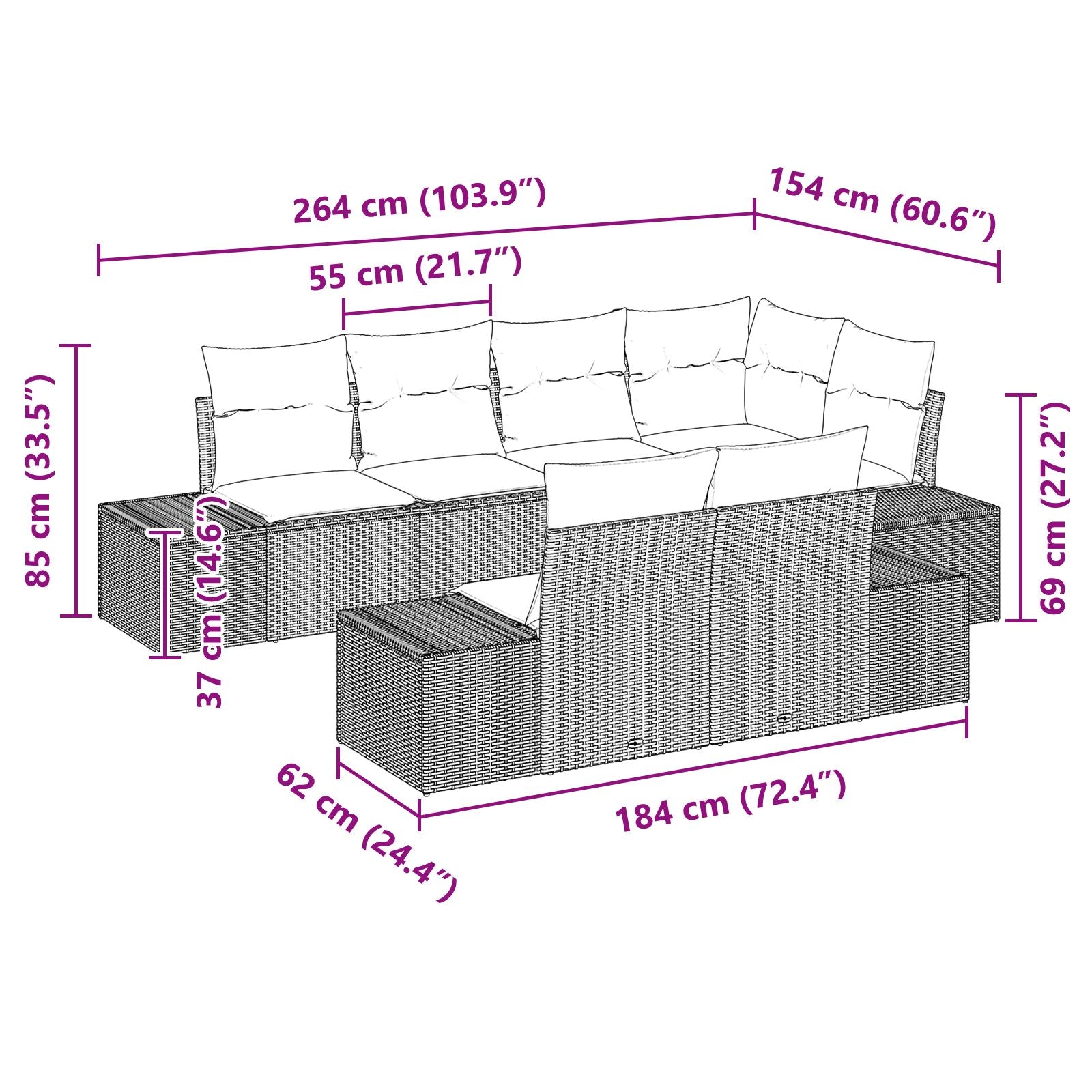 7-Delige Tuin Sofa Set Met Kussens Grijs Poly Rattan Acacia