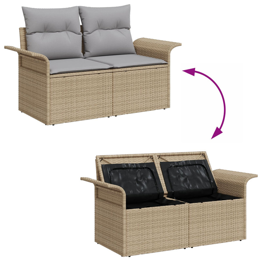 6 Delige Tuin Sofaset Met Kussens Beige Poly Rattan Acacia,  2-Zits Tuin Sofa Met Opslag & Kussens Beige Poly Rattan