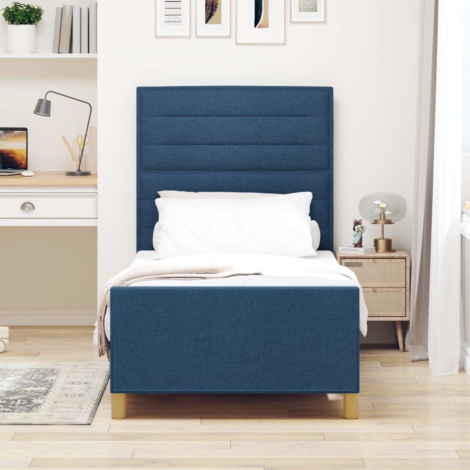 Blauw Stoffen Bedframe 80X200 Cm Crème
