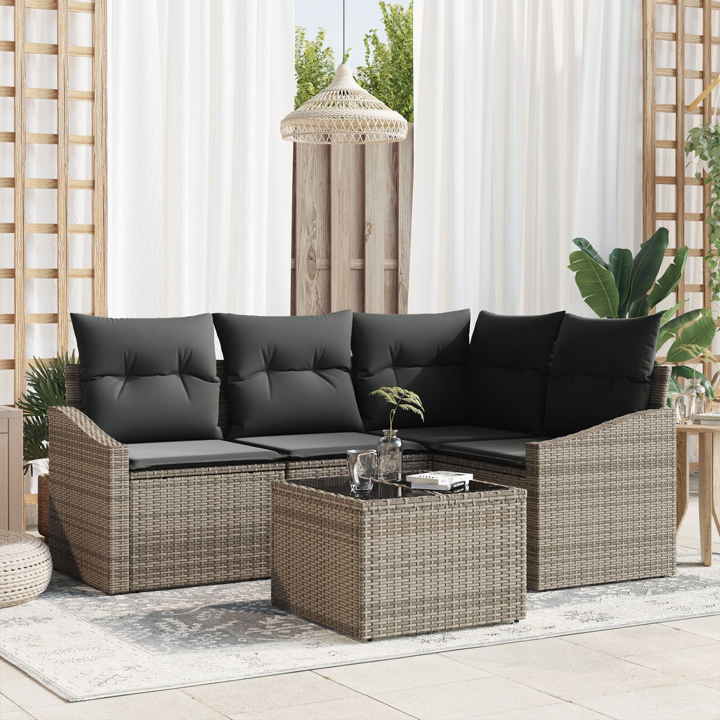 4-Delige Tuin Eetset Met Kussens Zwart Poly Rattan met tafel