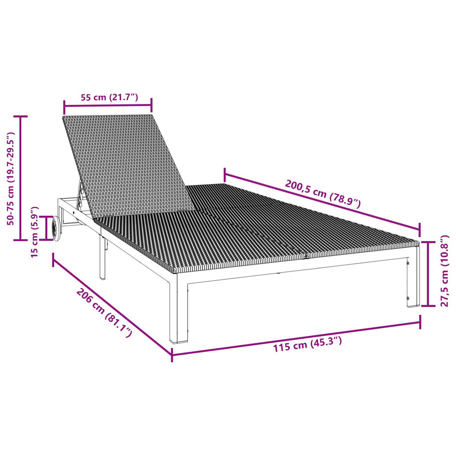 Zonnebed Met Kussens En Wielen Voor 2 Personen Poly Rattan Zwart 200 x 109 x 27,5 cm