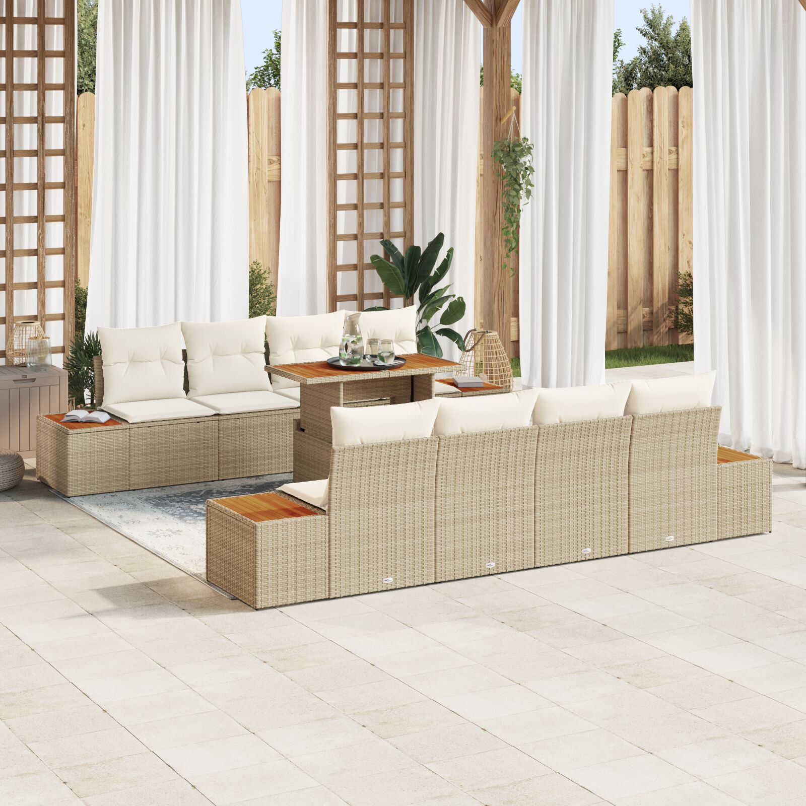 Tuinsofa Set Set Van 9 Beige Rattan 4-Persoons Tuinsofa
