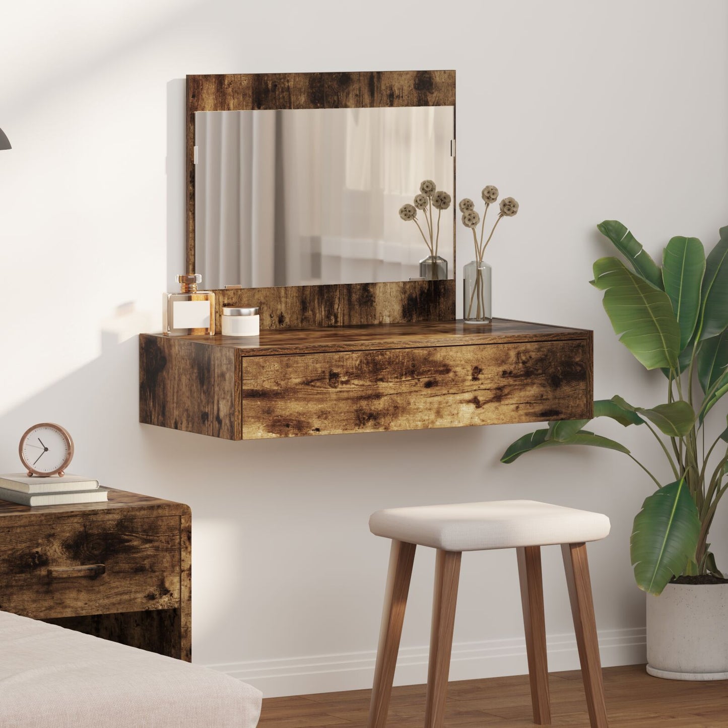 Wandhangende Kaptafel 83 x 40 x 70 cm Gerookt eiken zonder LED