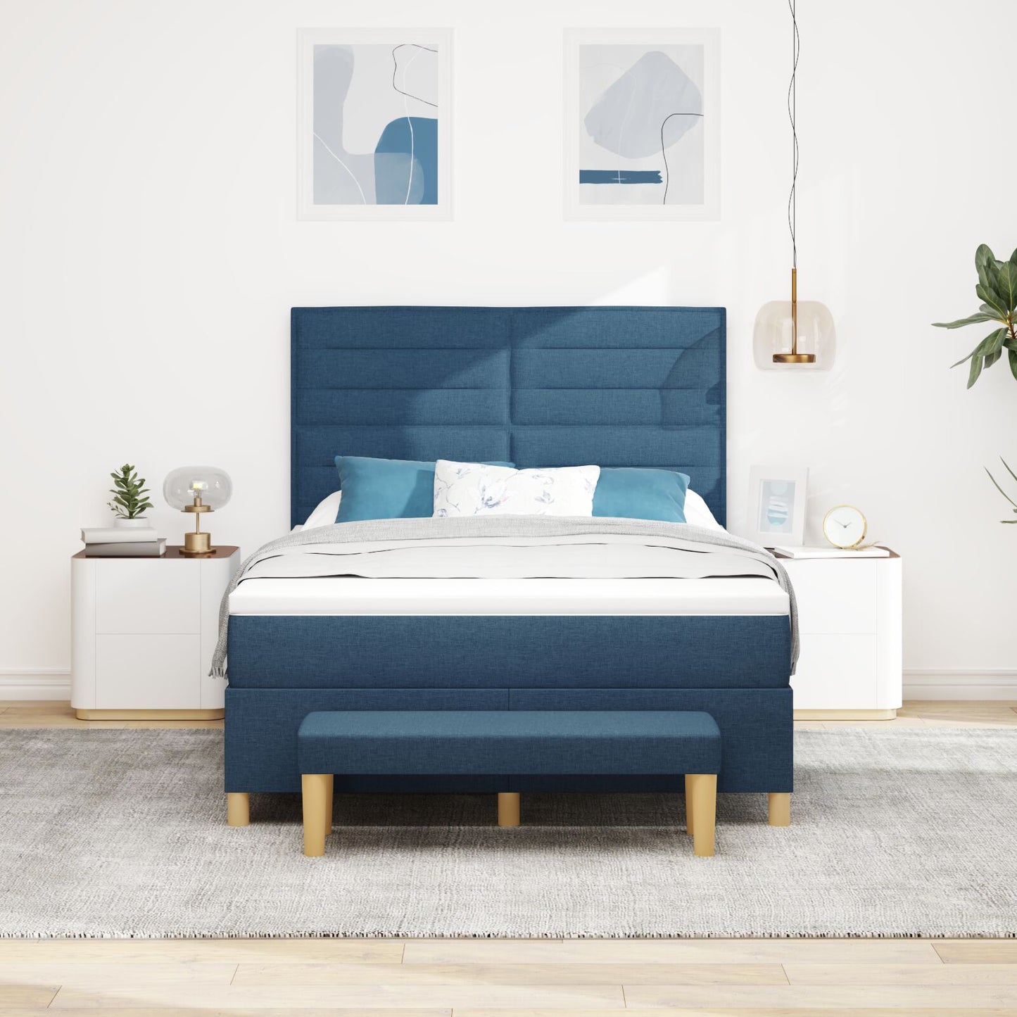 Boxspring Bed Met Matras & Bank Stof Blauw 140 x 200 cm Lijnen ontwerp