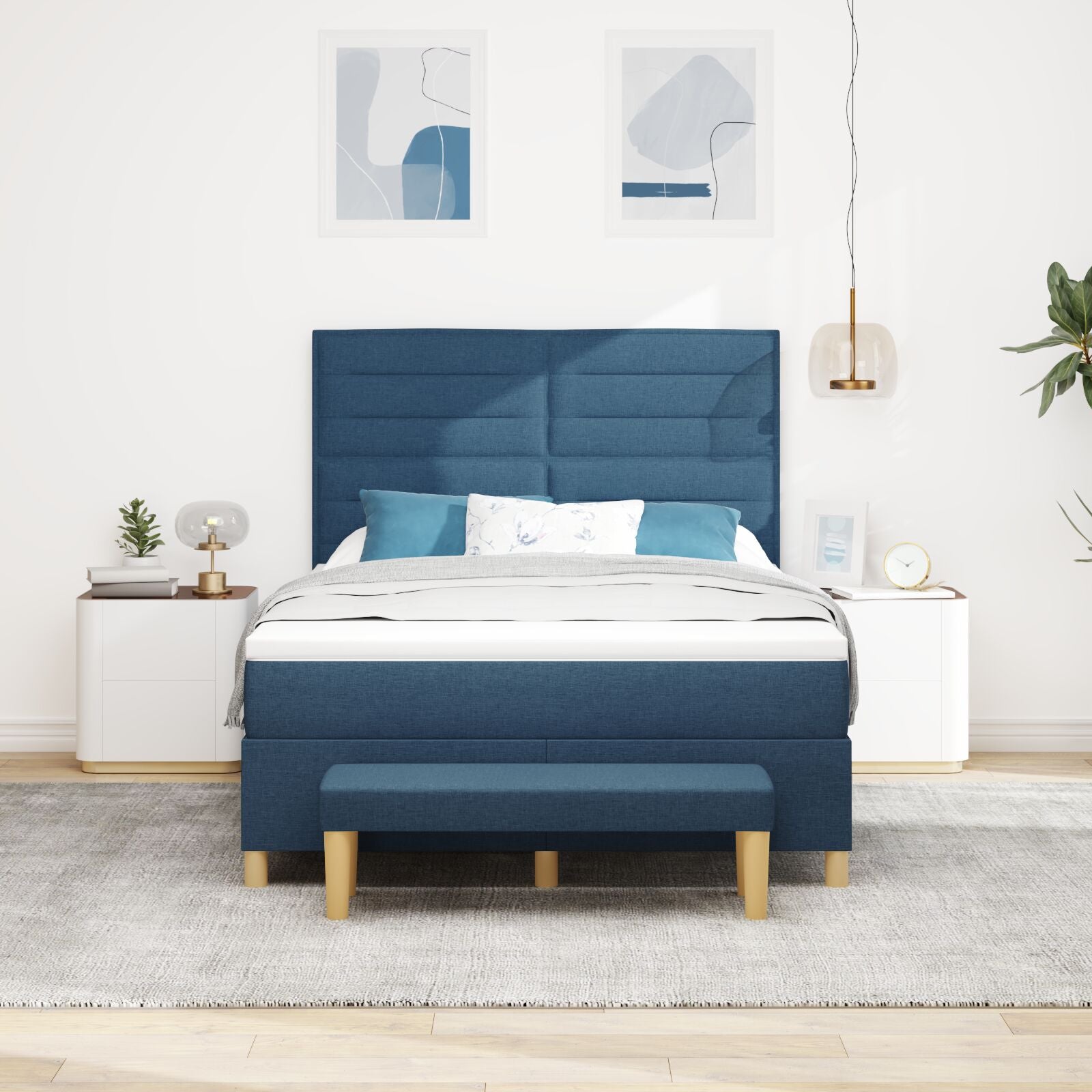 Boxspring Bed Met Matras & Bank Stof Blauw 140 x 200 cm Lijnen ontwerp