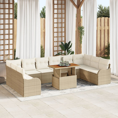 11-Delige Tuin Sofa Set Met Kussens Beige Poly Rattan,  2-Zitter Tuin Sofa Met Opbergruimte & Kussens Beige Poly Rattan