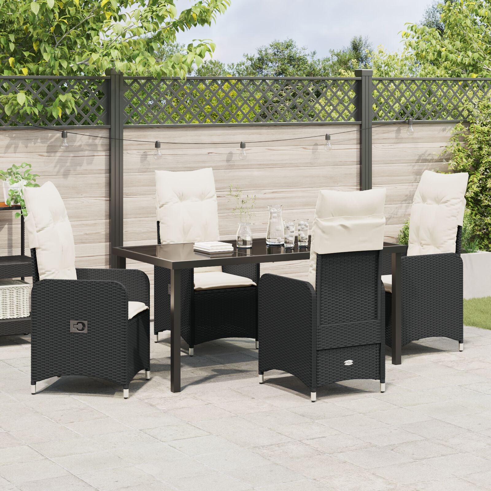 5-Delige Tuin Eettafel Set Met Kussens In Zwart Poly Rattan