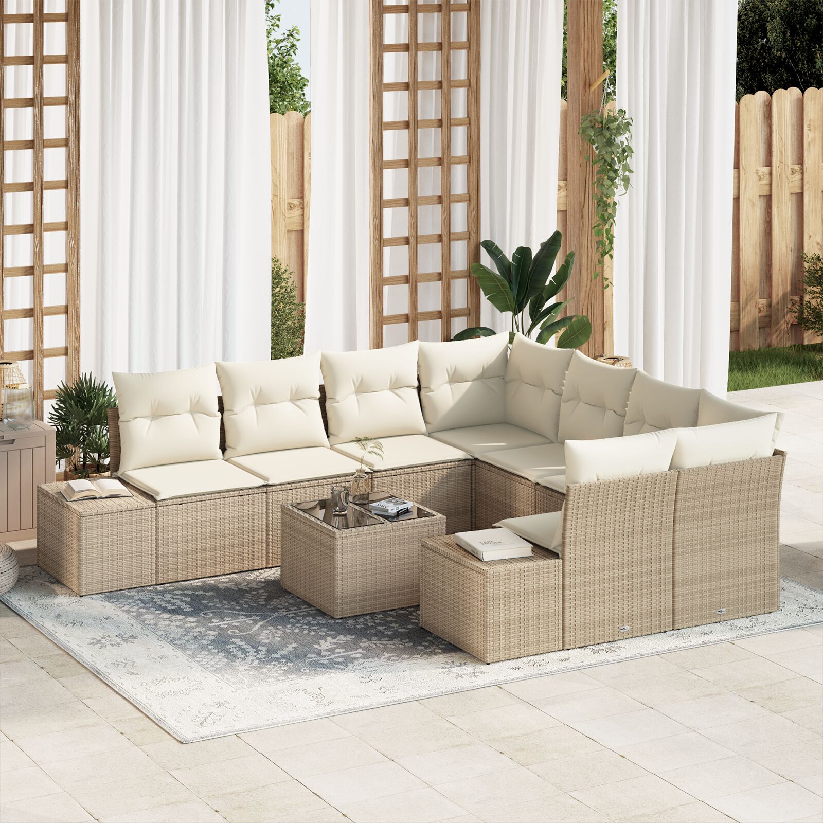 Tuin Sofa Set Set Van 9 Beige En Crème Poly Rattan Tuin Sofa Set