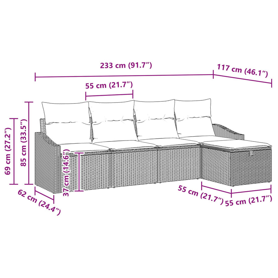5-Delige Tuin Sofa Set Met Kussens Grijs Poly Rattan Wit