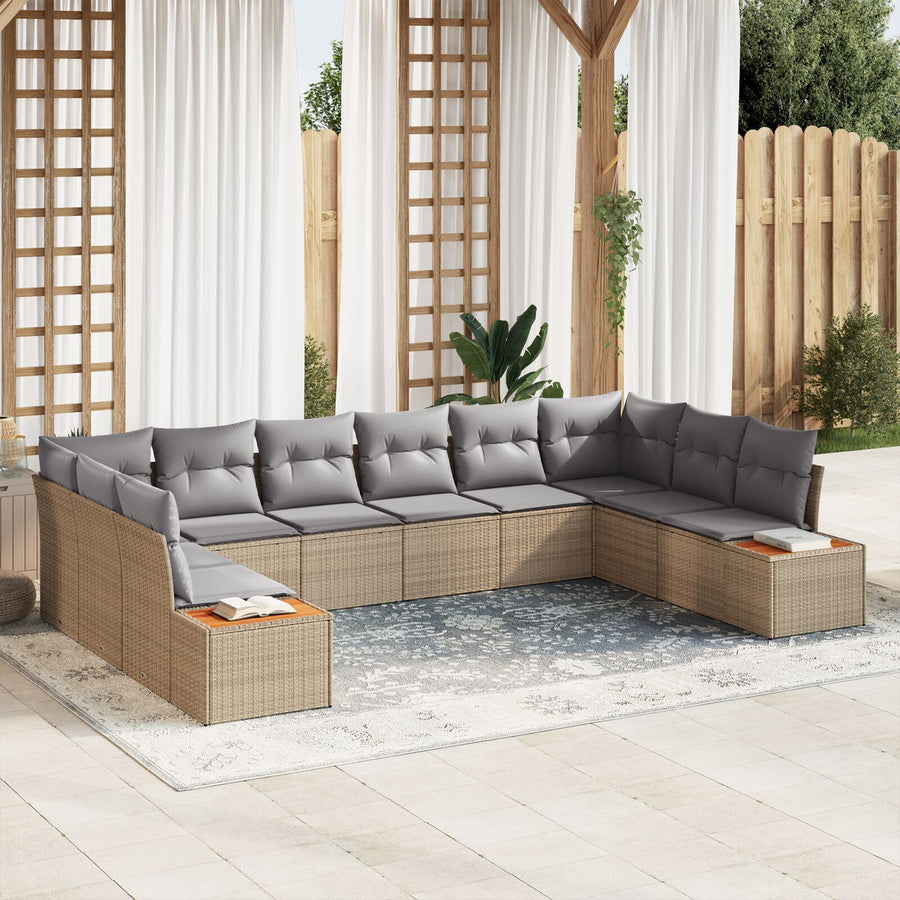 10-Delige Tuin Sofa Set Met Kussens Beige Poly Rattan Acacia