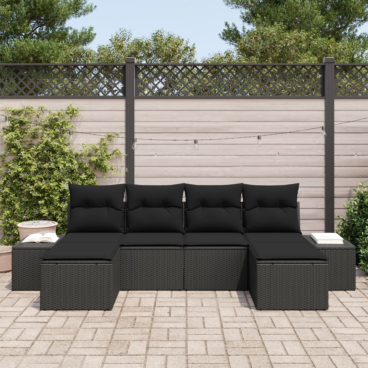 6 Delige Tuinbank Set Met Kussens Zwart Poly Riet
