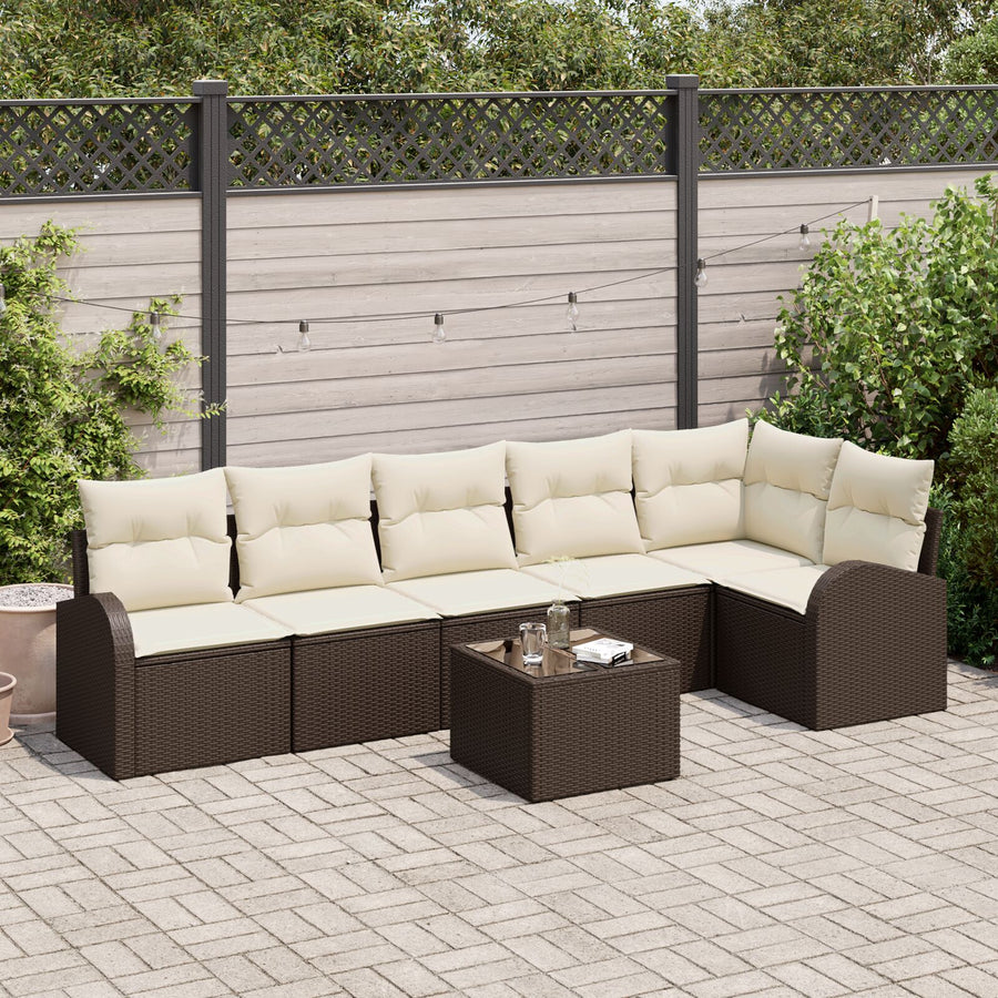 6-Delige Tuin Sofa Set Met Kussens In Grijze Poly Rattan Bruin en crème met tafel