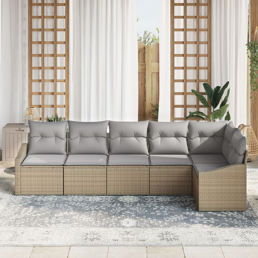 Tuin Sofa Set Set Van 6 Beige Riet, Polyester Stof Buitensofa