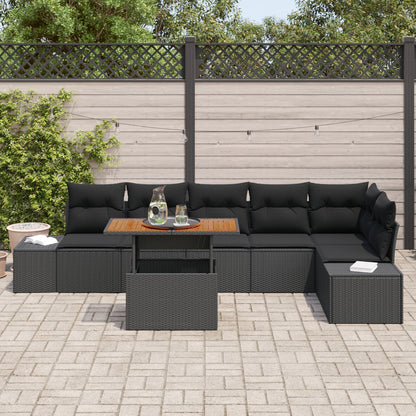 7-Delige Tuin Eettafel Set Met Kussens Zwart Poly Rattan Acacia