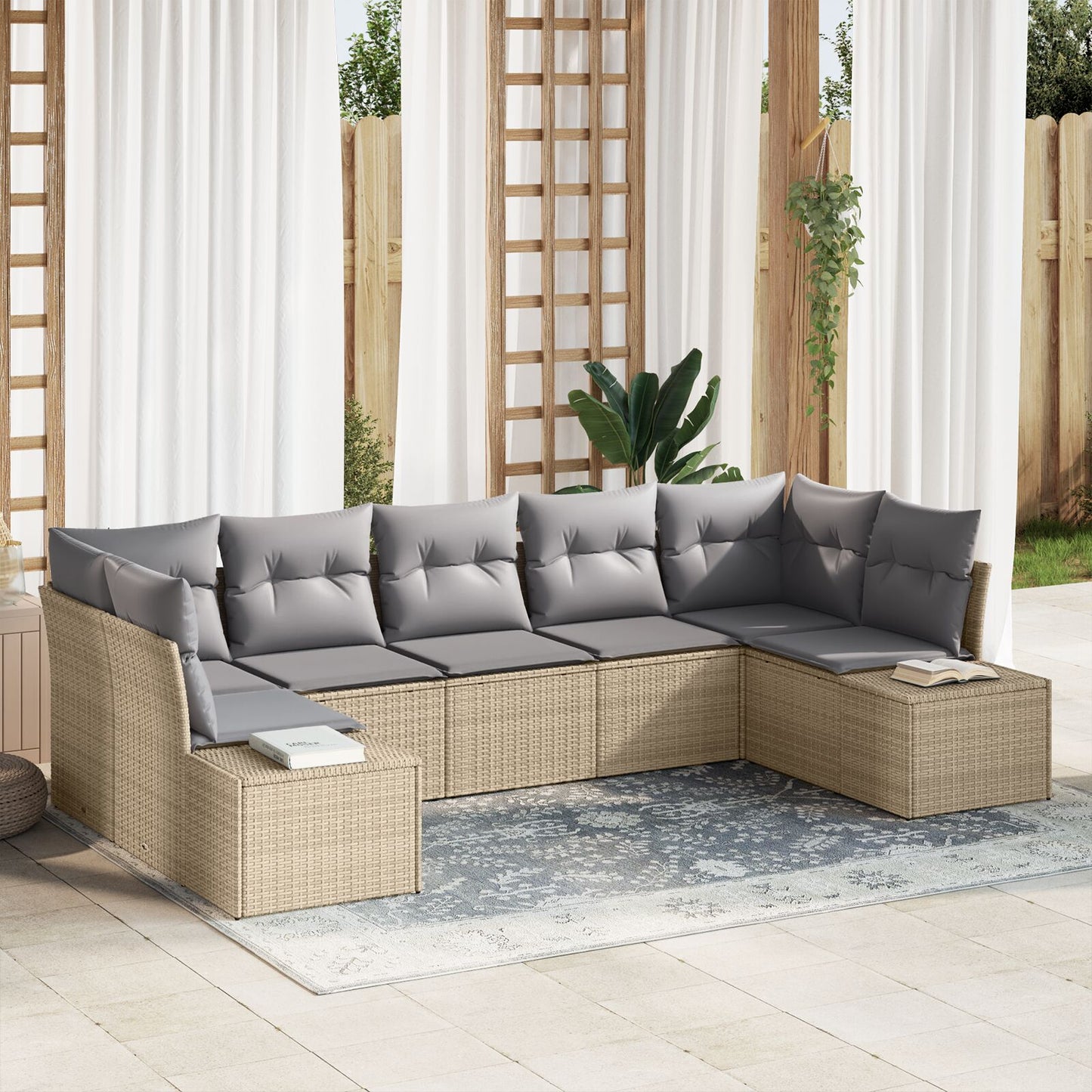 7 Persoons Tuin Sofa Set Met Kussens Beige Poly Rattan