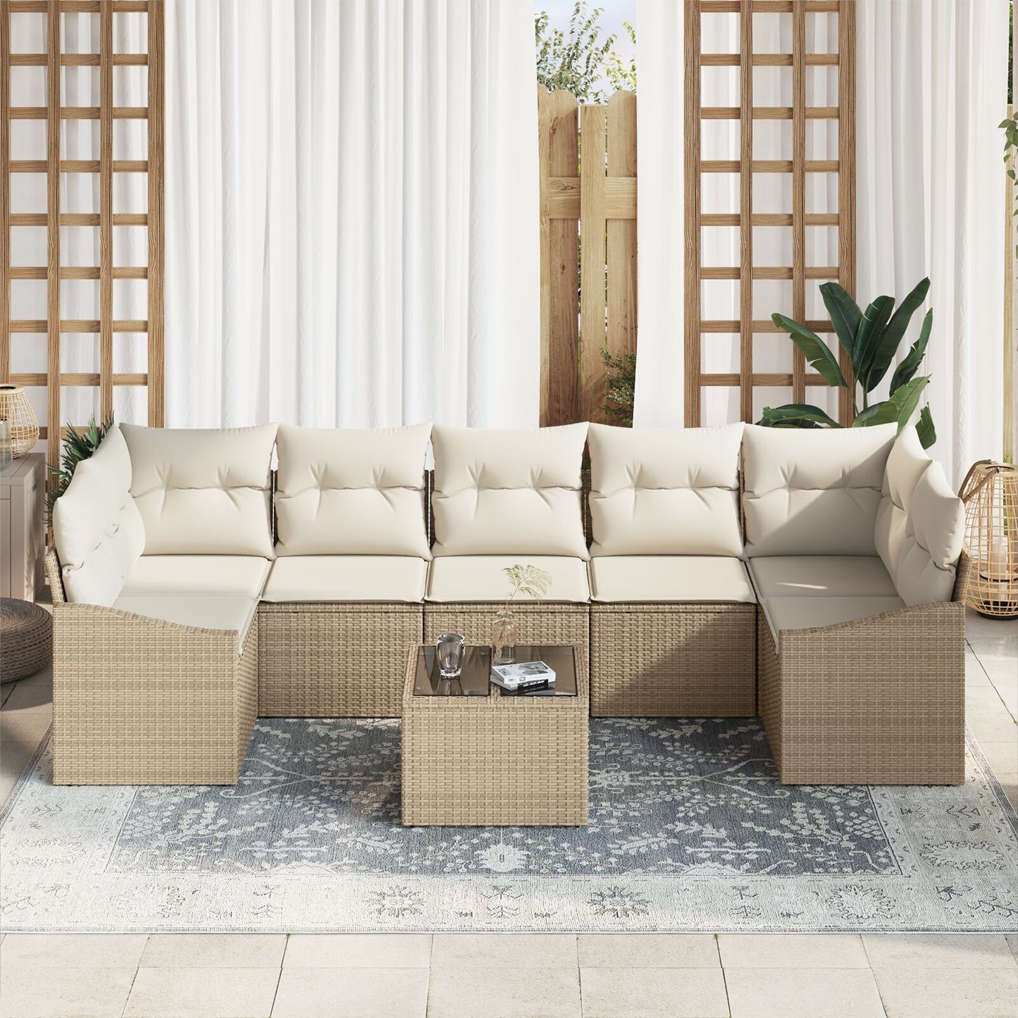 8-Delige Tuinbankset Met Kussens Beige Poly Rattan Gegalvaniseerd Staal