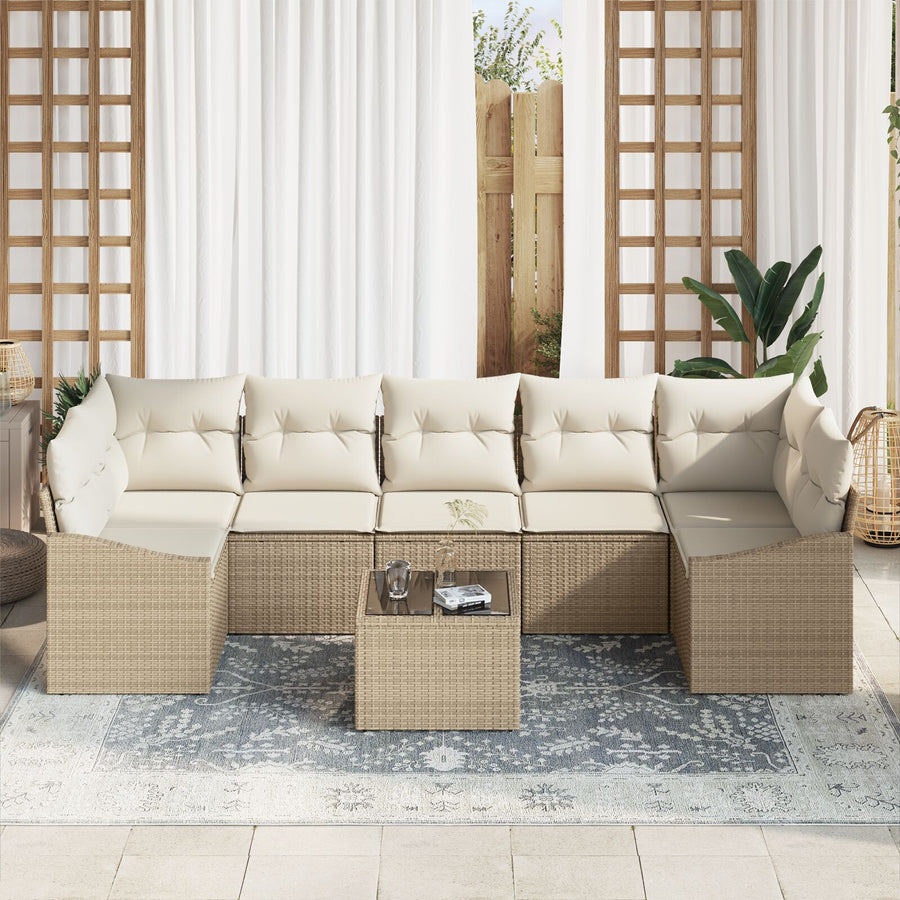 8-Delige Tuinbankset Met Kussens Beige Poly Rattan Gegalvaniseerd Staal