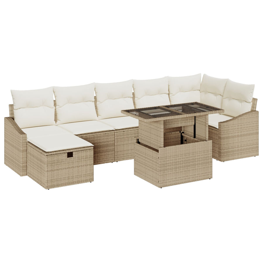 8 Delig Tuinbankstel Met Kussens Beige Poly Riet Wit
