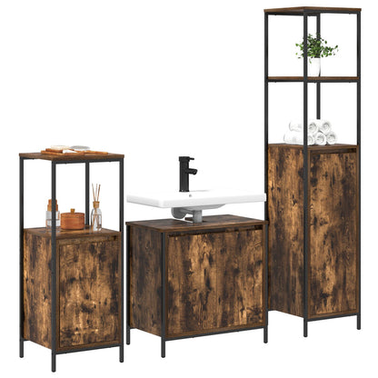 3-Delige Badkamermeubelset In - Gegutereerd Hout Gerookt eiken Basin kast + 2x badkamerkast