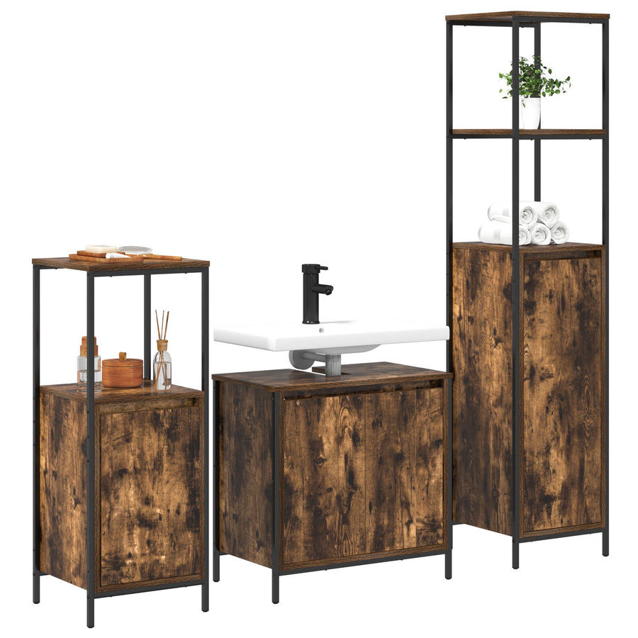 3-Delige Badkamermeubelset In - Gegutereerd Hout Gerookt eiken Basin kast + 2x badkamerkast