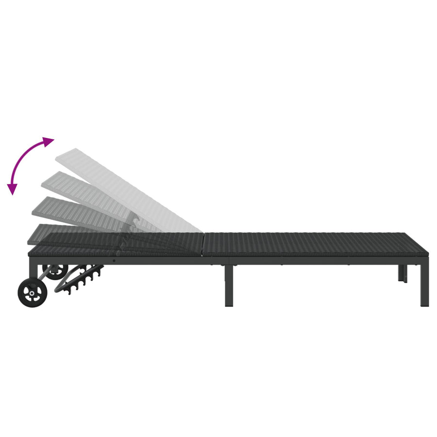 Zonnebed Met Wielen Poly Rattan Zwart 200 x 54 x 27.5 cm
