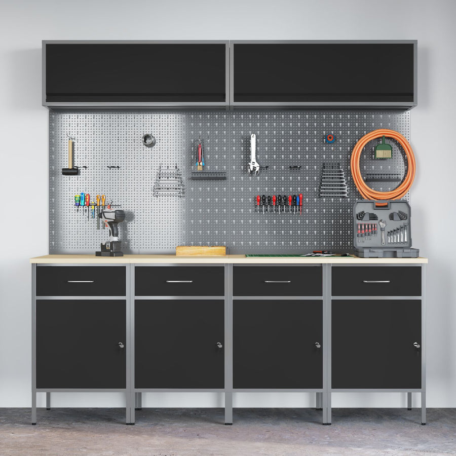 10-Delige Werkcabinet En Pegboard Set Mdf En Metaal 4x (84 cm) Zwart 4x kast + 4x pegboard + 2x kast met deur