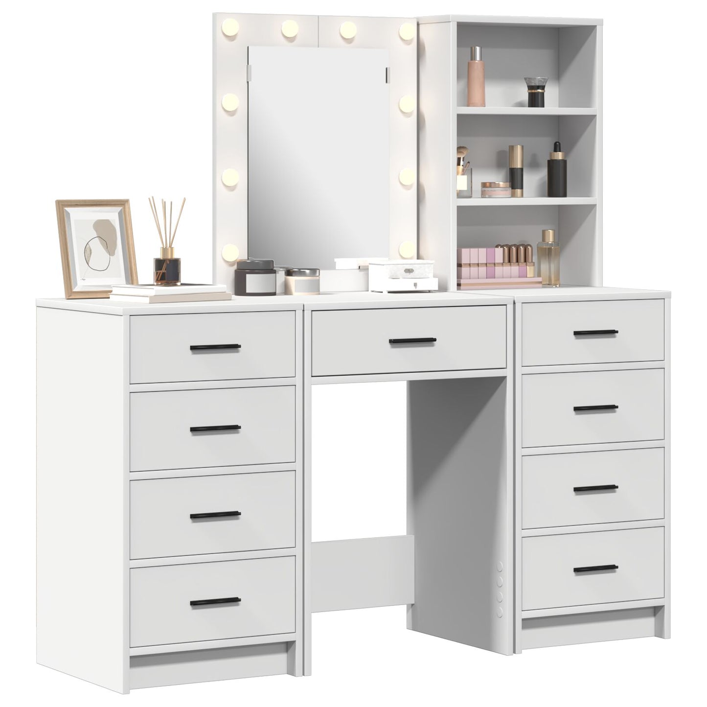 3-Delige Kaptafel Set Met Led Wit Bewerkt Hout