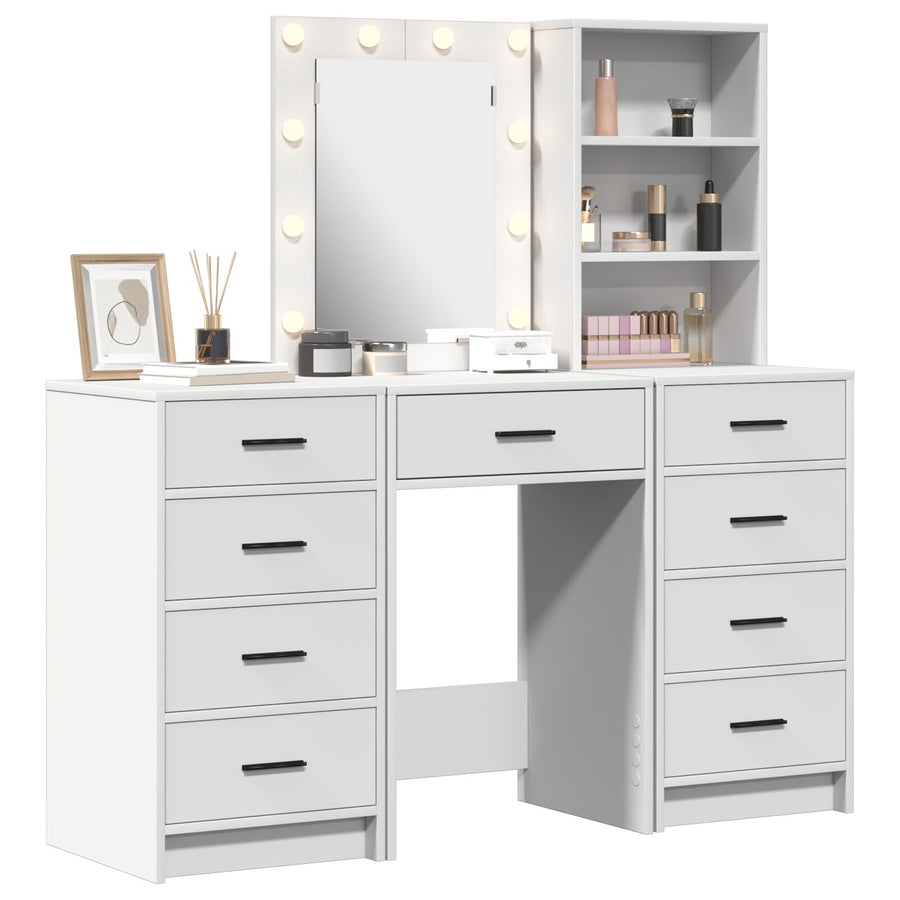 3-Delige Kaptafel Set Met Led Wit Bewerkt Hout