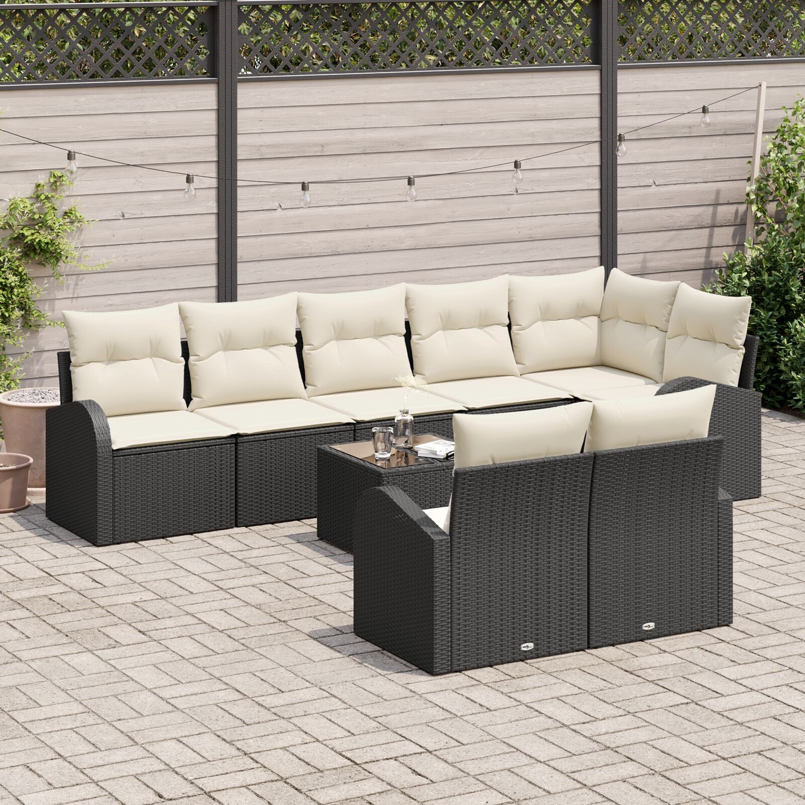 8 Stuk Tuin Sofa Set Met Kussens Bruin Poly Rattan Zwart en crème met tafel