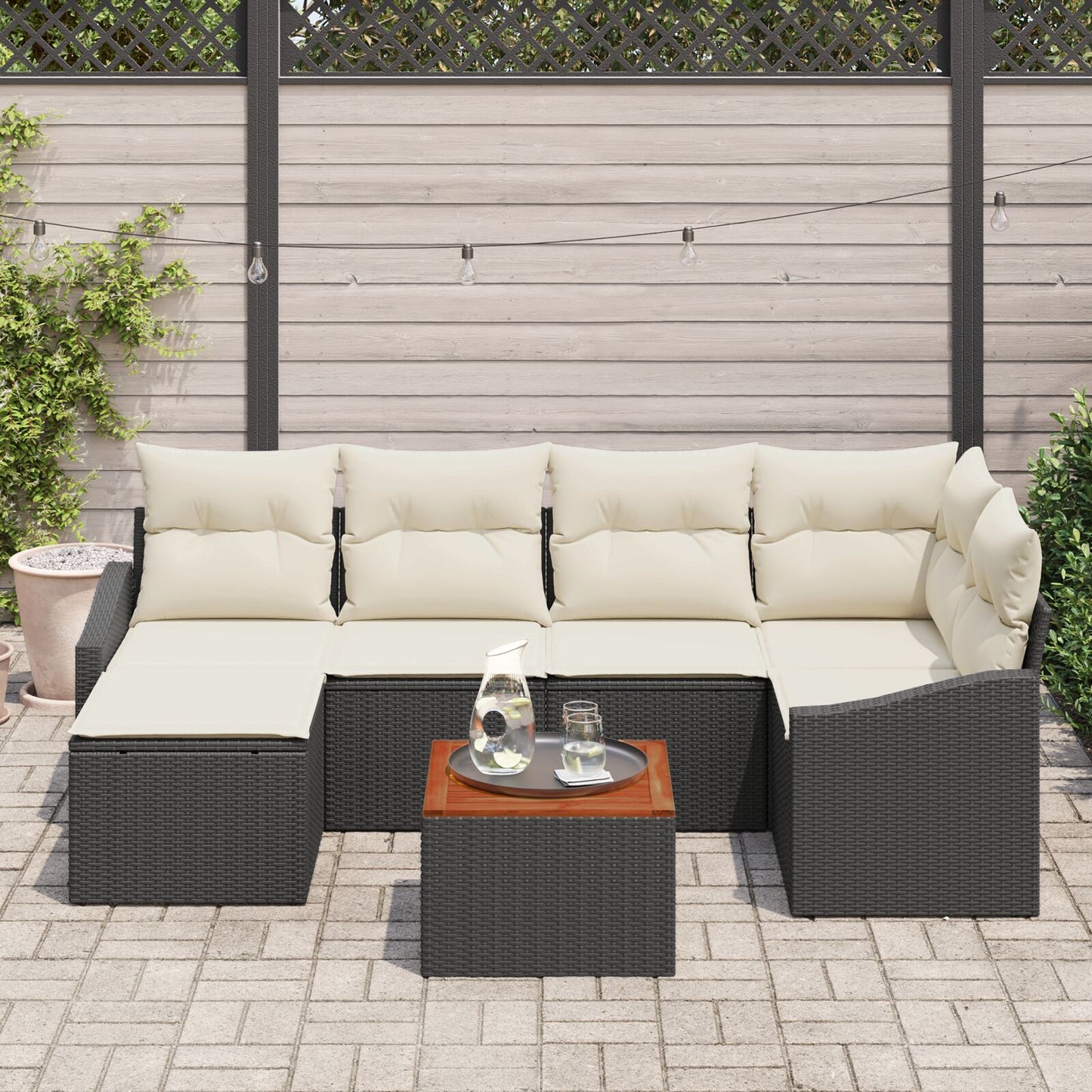 7-Delige Tuin Sofa Set Met Kussens Zwart Poly Rattan Acacia