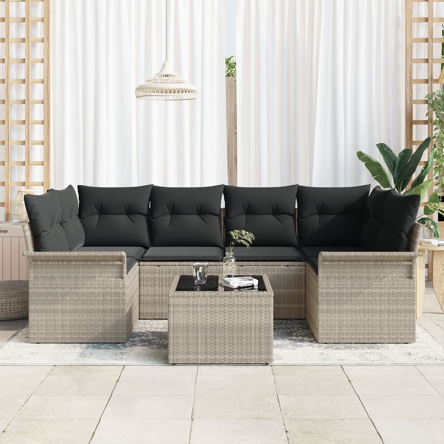 7 Delige Tuin Sofa Set Met Kussens Lichtgrijs Poly Rattan