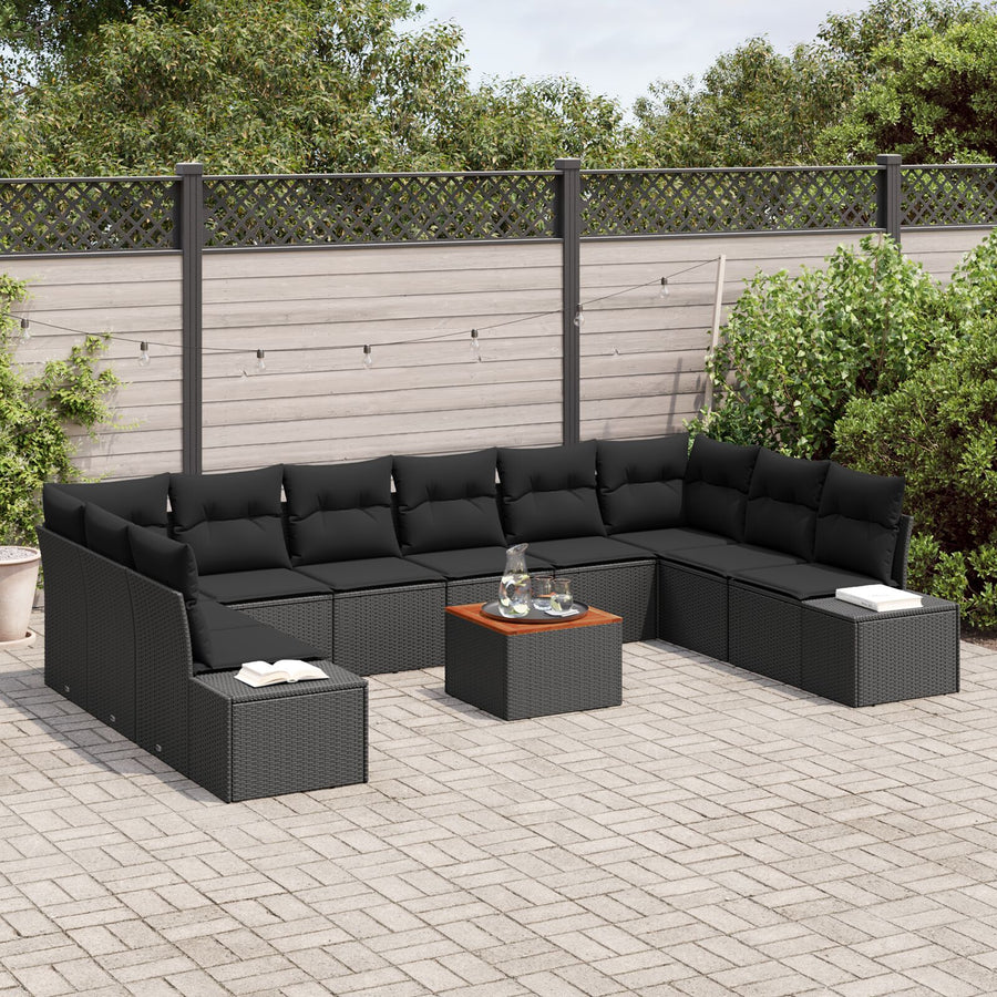 11-Delige Tuin Sofa Set Met Kussens Zwart Poly Rattan Acacia