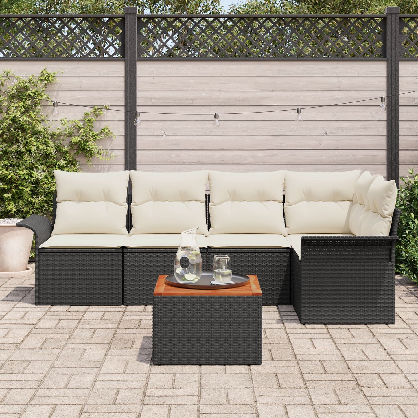 6-Delig Tuinbankstel Met Kussens Zwart Poly Rattan Acacia