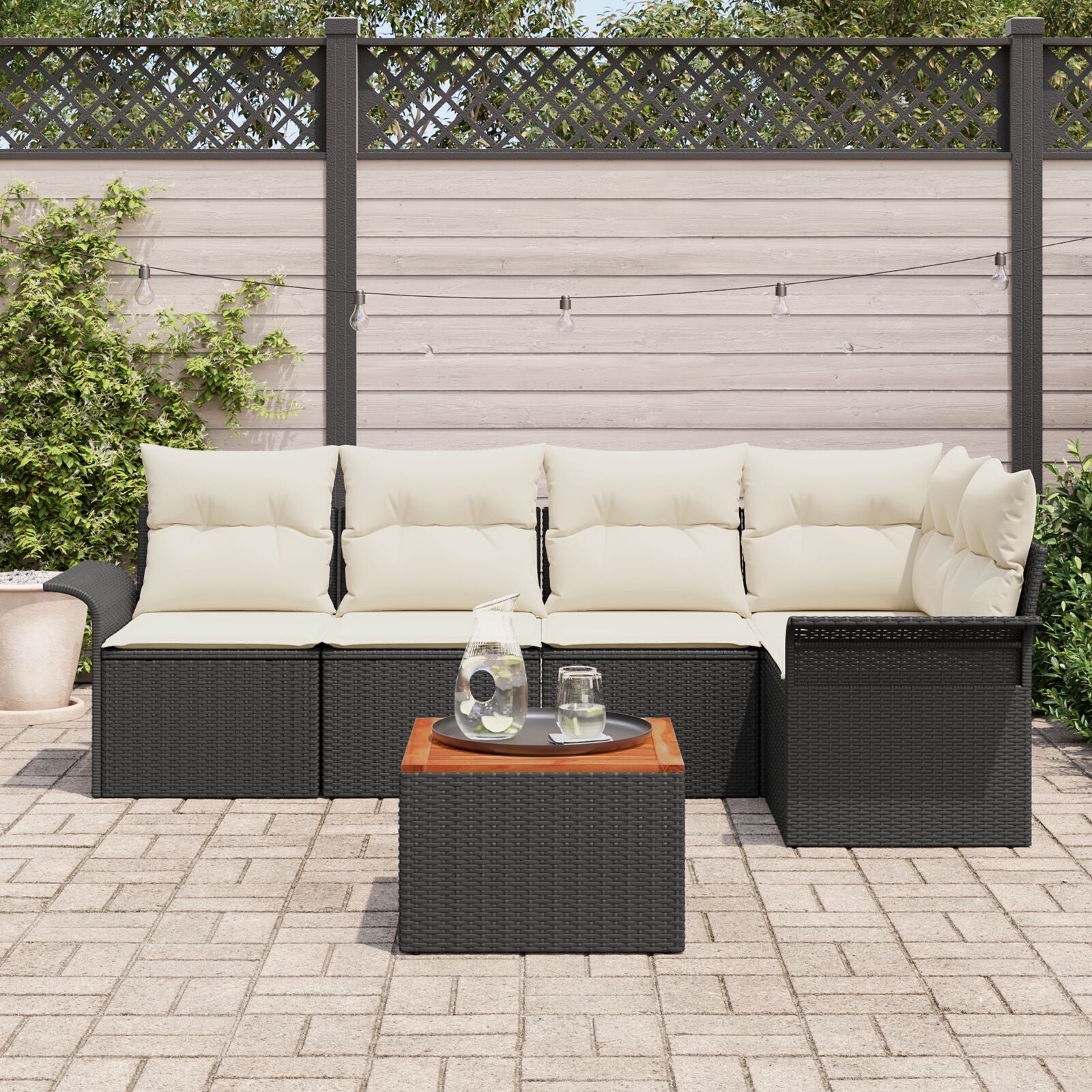 6-Delig Tuinbankstel Met Kussens Zwart Poly Rattan Acacia