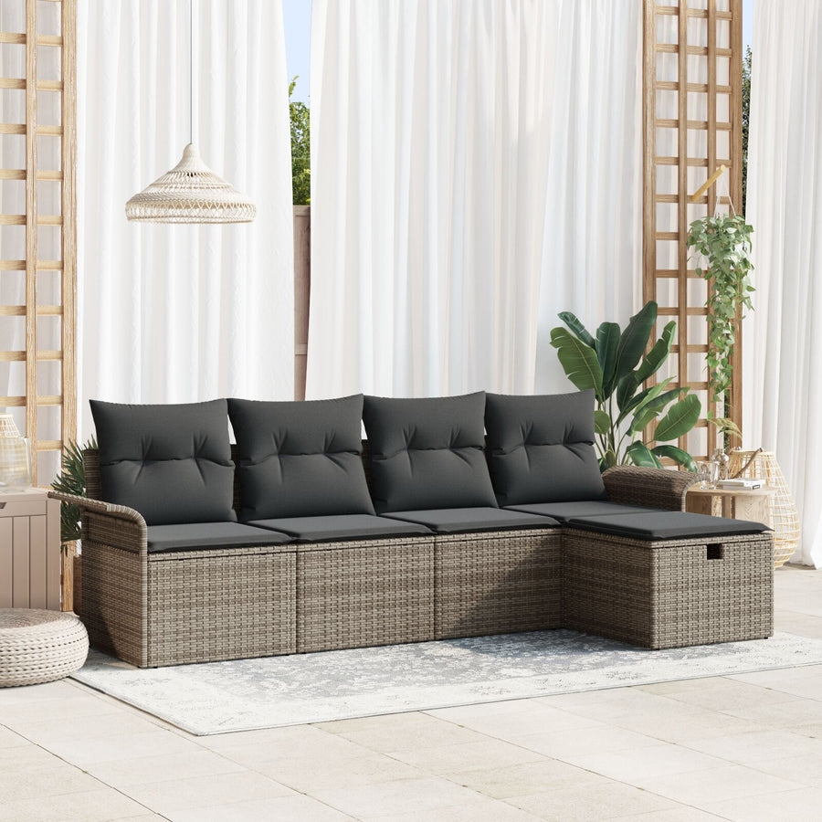 5-Delige Tuinbank Set Met Kussens Grijs Poly Rattan