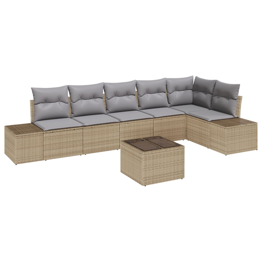 7 Delige Tuin Sofa Set Met Kussens Zwart Poly Rattan Beige en grijs met tafel