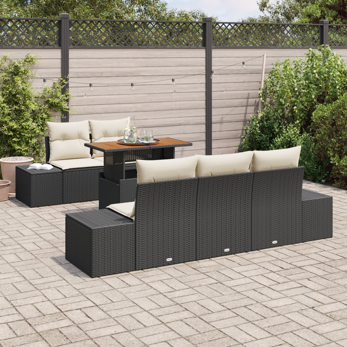 6-Delige Tuinbank Set Met Kussens Zwart Poly Rattan