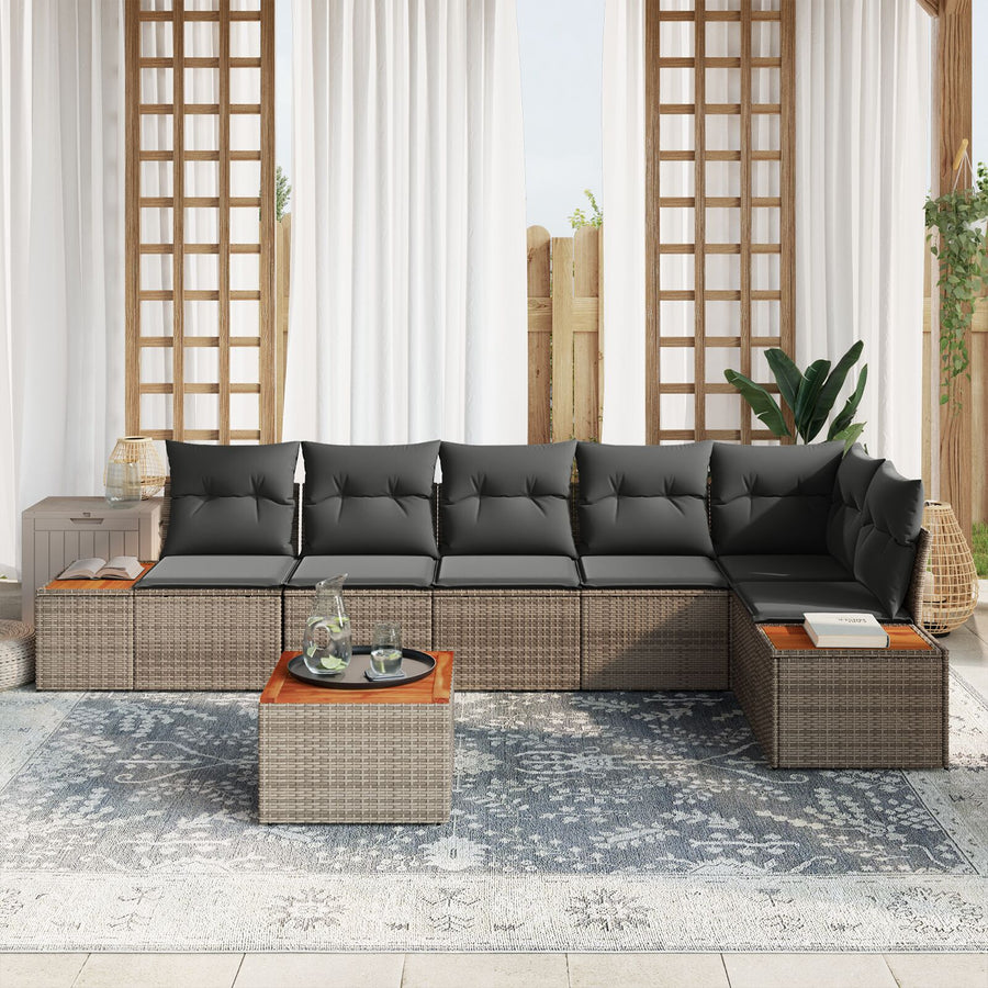 7 Delige Tuin Sofa Set Met Kussens Poly Rattan Acacia Grijs met tafel