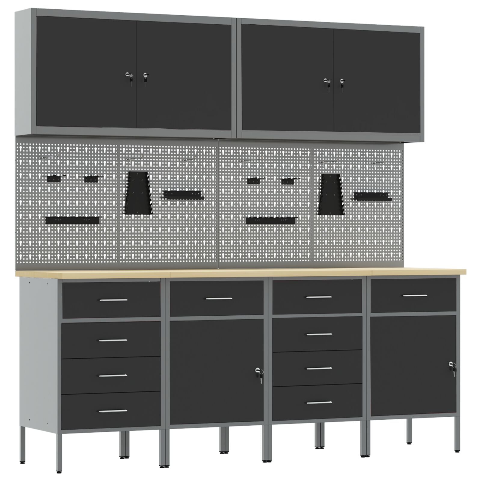 10-Delige Werkcabinet En Pegboard Set Mdf En Metaal 4x (2x84/2x85 cm) Zwart 4x kast + 4x pegboard + 2x gereedschapskast