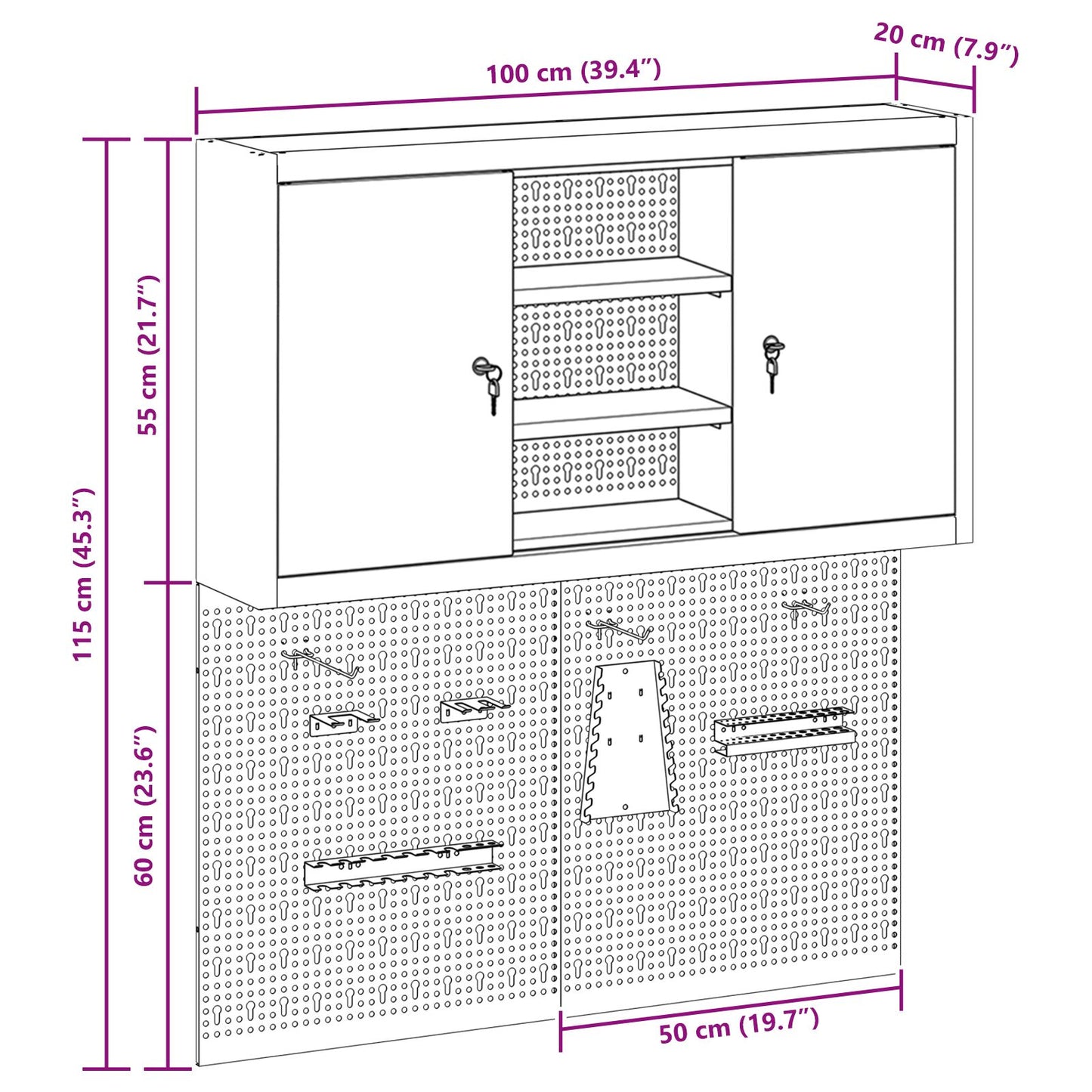 3 Delige Gereedschapskast En Pegboard Set Wandgemonteerd Zwart Metaal