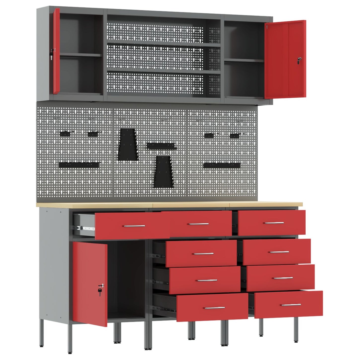 7-Delige Werkbank Set Staal 3x (84/85/85 cm) Rood 4x kast + 4x perforatiepaneel