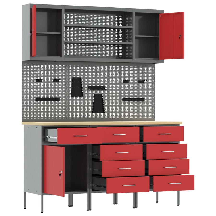 7-Delige Werkbank Set Staal 3x (84/85/85 cm) Rood 4x kast + 4x perforatiepaneel